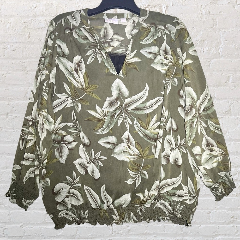Belle By Kim Gravel Green Palm Print Smock Blouse Size‎ 2X V-Neck Tropical Lined